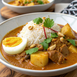 Вкусное карри Массаман, подаваемое с рисом и жареным яйцом. Генеративный искусственный интеллект - RomanZ