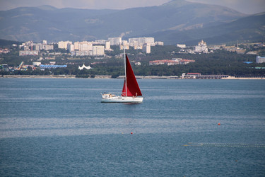 Парусник в море на городском фоне. Геленджик. Июнь 2026 - Zauberfloten