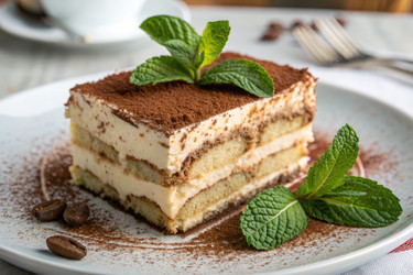Вкусный тирамису, украшенный свежими листьями мяты, на тарелке. Генеративный искусственный интеллект - RomanZ