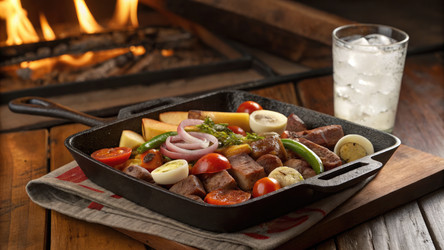 Вкусные мясные квадратики с овощами, приготовленные на сковороде у костра. Генеративный ИИ - RomanZ