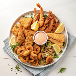 Вкусное ассорти из морепродуктов, включающее креветки, рыбу и гарниры. Генеративный искусственный интеллект - RomanZ