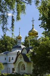 Православный Борисоглебский храм с золотыми куполами среди зеленых деревьев на территории монастыря в Дмитрове - Sadoff