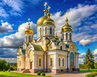Прекрасная православная церковь с золотыми куполами в солнечный день. Генеративный ИИ - RomanZ