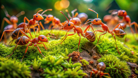 Крупный план красных муравьев, исследующих замшистую почву. Генеративный ИИ - RomanZ