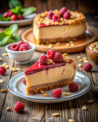 Вкусный чизкейк с арахисовым маслом и джемом, покрытый свежей малиной. Генеративный искусственный интеллект - RomanZ