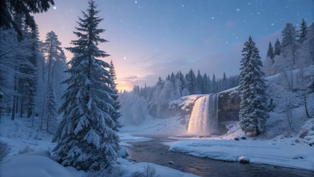 Сказочная зимняя страна чудес с высокими соснами и водопадом, созданная с помощью генеративного ИИ - RomanZ