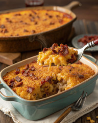 Кипящее блюдо с макаронами с сыром, беконом и соусом барбекю, подается теплым. Генеративный ИИ - RomanZ