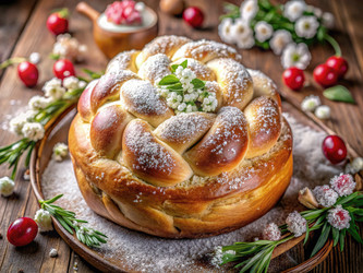 Вкусная плетеная пасхальная булочка, украшенная белыми цветами. Генеративный ИИ - RomanZ