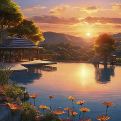 Закат над тихим озером с цветущими растениями и уютной беседкой (генеративный ИИ) - RomanZ