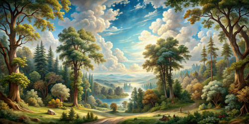 Винтажный лесной пейзаж с безмятежным небом и природной красотой. Генеративный ИИ - RomanZ