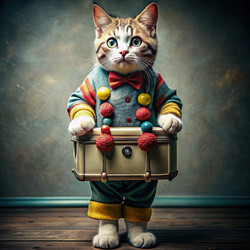 Игра на барабанах кота в костюме клоуна демонстрирует игривое обаяние. Генеративный ИИ - RomanZ