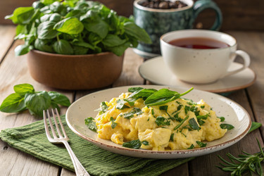 Вкуснейшее блюдо из яичницы-болтуньи со свежей зеленью. Генеративный искусственный интеллект - RomanZ