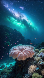Коралловый риф парит в космическом чуде над красочной морской жизнью. Генеративный искусственный интеллект - RomanZ