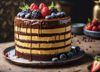 Вкусный шоколадный слоеный торт со свежими ягодами сверху. Генеративный искусственный интеллект - RomanZ