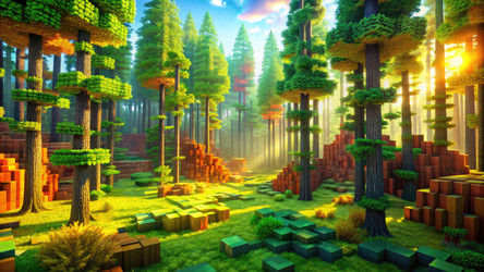 Яркий лесной пейзаж в стиле пиксельной графики Minecraft. Генеративный ИИ - RomanZ