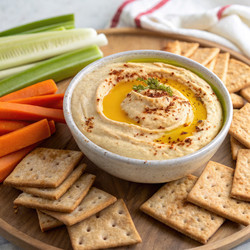 Сливочный хумус с лимоном и чесноком, подается со свежими овощами и крекерами. Генеративный искусственный интеллект - RomanZ