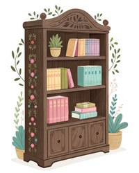 Очаровательная книжная полка из темного дерева с красочными книгами и растениями. Генеративный ИИ - RomanZ