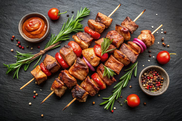 Вкусные шашлыки из мяса на гриле со свежими овощами на блюде. Генеративный искусственный интеллект - RomanZ