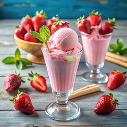 Вкусный клубничный молочный коктейль в сочетании с десертом из мороженого. Генеративный искусственный интеллект - RomanZ