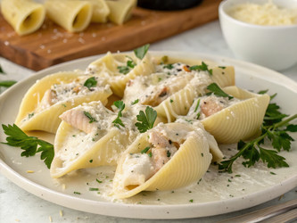 Вкуснейшие фаршированные куриным соусом Альфредо ракушки на тарелке. Генеративный ИИ - RomanZ