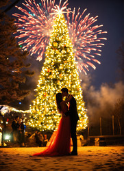Romantic Couple Celebrating New Year’s Eve Under Fireworks Generative AI - RomanZ