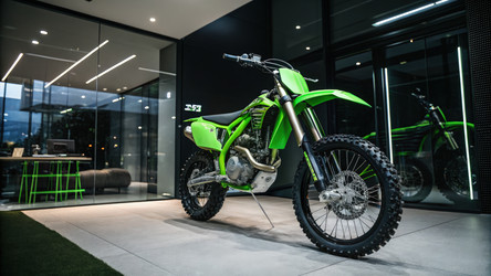 Потрясающий вид мотоцикла Kawasaki в современном выставочном зале. Генеративный искусственный интеллект - RomanZ
