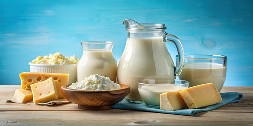 Восхитительный выбор молочных продуктов на синем фоне. Генеративный искусственный интеллект - RomanZ