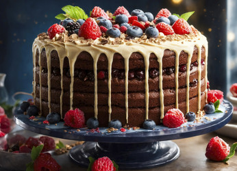 Вкусный многослойный шоколадный торт, украшенный ягодами (генеративный ИИ) - RomanZ