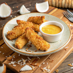 Вкусные куриные наггетсы в кокосовой панировке, подаваемые с соусом. Генеративный искусственный интеллект - RomanZ