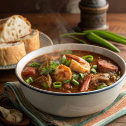 Вкусный домашний гамбо из морепродуктов, подается с хлебом и зеленью. Генеративный искусственный интеллект - RomanZ