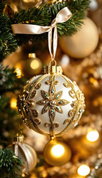 Красиво украшенная рождественская елочная игрушка на елке. Генеративный ИИ - RomanZ