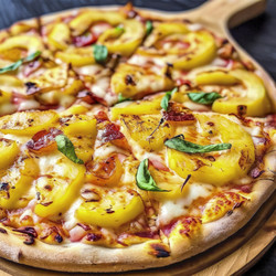 Вкусная пицца с ананасом и свежим базиликом на деревянной доске. Генеративный ИИ - RomanZ