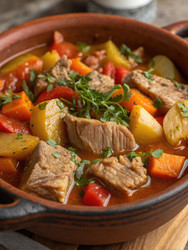 Средиземноморское рагу из свинины с яркими овощами и травами. Генеративный искусственный интеллект - RomanZ