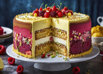 Красочный многослойный торт с фруктами и замысловатым дизайном. Генеративный ИИ - RomanZ