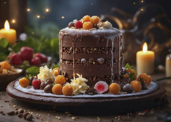 Вкусный шоколадный торт со свежими фруктами и декоративными элементами. Генеративный ИИ - RomanZ