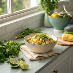 Спокойная кухня с миской мексиканского кукурузного салата. Ингредиенты. Генеративный ИИ - RomanZ