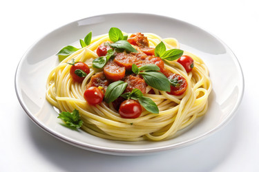 Вкусное блюдо из пасты со свежими помидорами и базиликом (генеративный ИИ) - RomanZ