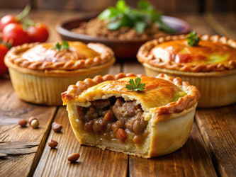 Вкусный австралийский мясной пирог с хрустящей корочкой на деревянном столе. Генеративный ИИ - RomanZ