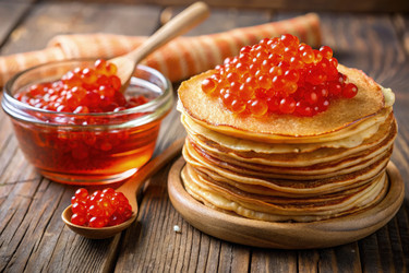 Вкусные блинчики с красной икрой на деревянном столе. Генеративный ИИ - RomanZ