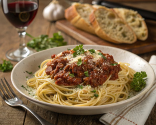 Сытная порция спагетти с мясным соусом и хлебом. Генеративный искусственный интеллект - RomanZ