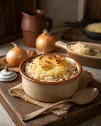 Вкусный французский луковый рис с маслом, подаваемый в деревенской посуде. Генеративный искусственный интеллект - RomanZ
