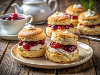 Вкусные булочки с кремом и джемом на тарелке. Генеративный искусственный интеллект - RomanZ
