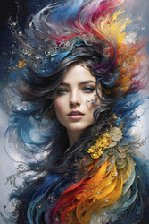 Красочный фантастический портрет женщины с яркими волосами. Генеративный ИИ - RomanZ