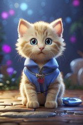 Милый котенок в синей шлейке в игривой обстановке. Генеративный ИИ - RomanZ