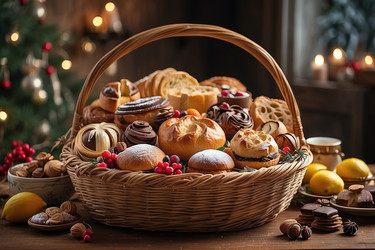 Восхитительная корзинка с праздничными угощениями. Генеративный ИИ - RomanZ