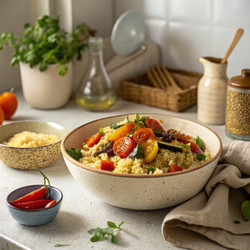 Уютная кухня с вкуснейшим кускусом и свежими овощами. Генеративный ИИ - RomanZ