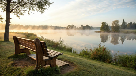 Спокойная деревянная скамейка от Misty Lakeside at Dawn Generation AI - RomanZ