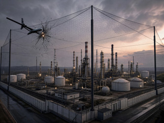 Защитная сетка останавливает беспилотник приближающийся к нефтеперерабатывающему предприятию - qvazzimota