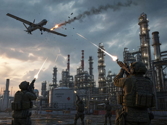 Военные люди с оружием защищает нефтяной завод от беспилотников - qvazzimota