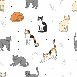 Бесшовный векторный узор с разноцветными мультяшными котами на белом фоне - hannahxmilar